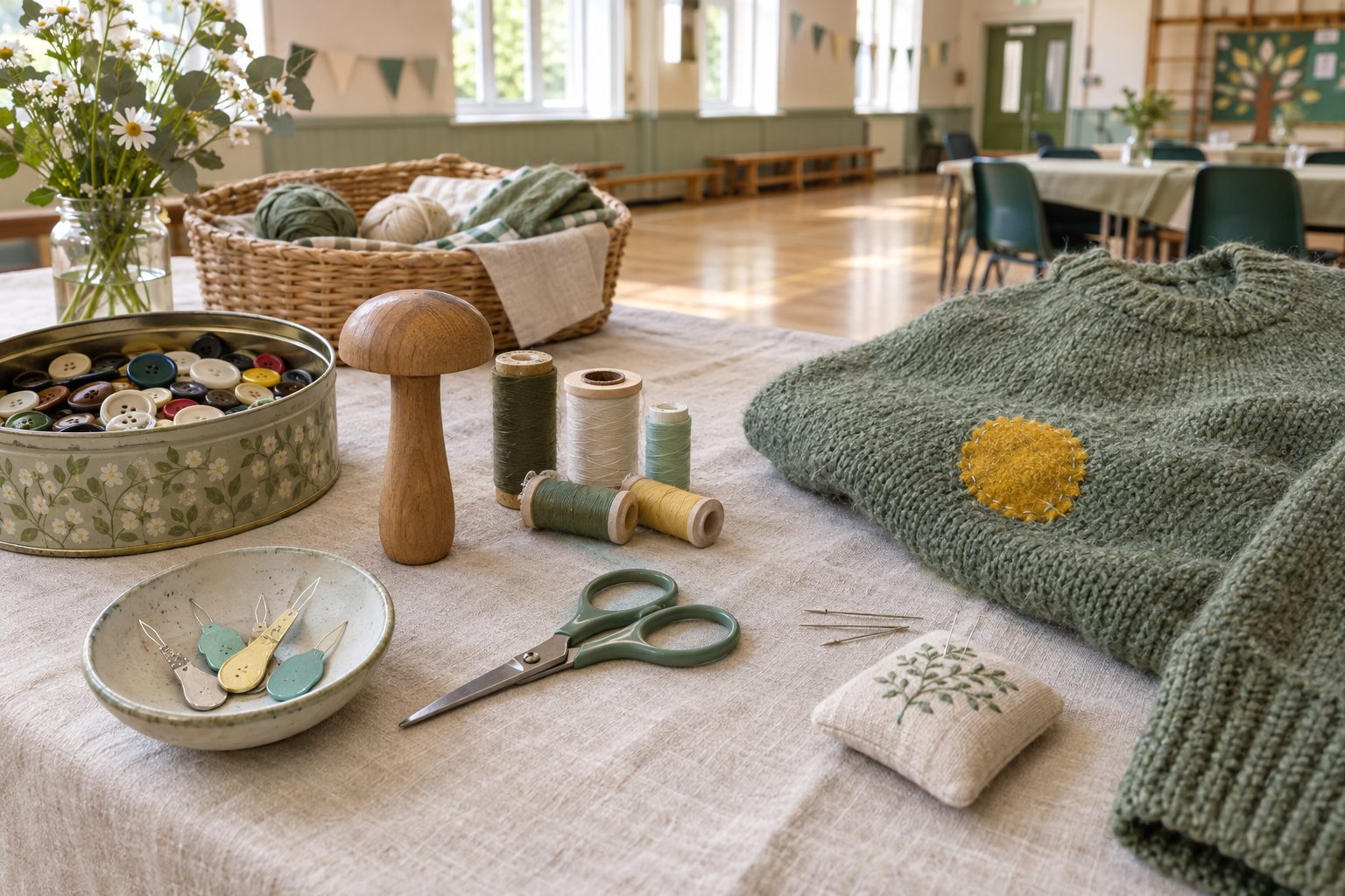 A repair café table in a school hall with a tin of buttons, wooden darning mushroom, thread spools, needle threaders and a green jumper with a bright yellow felt patch